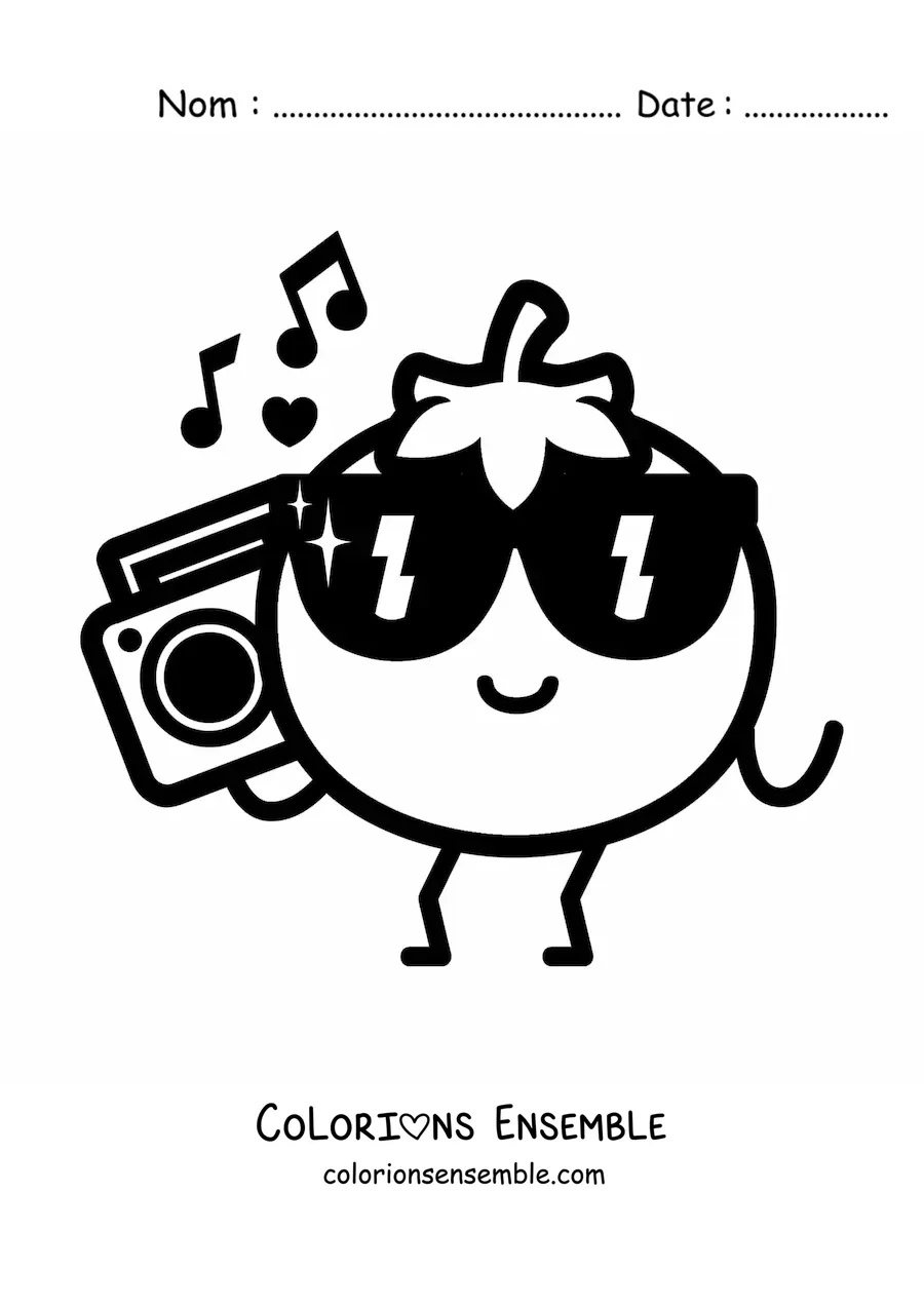 Image à colorier d’une tomate animée avec des lunettes de soleil et une radio