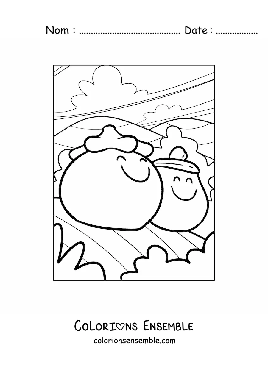 Image à colorier d’une tomate animée à côté d’une aubergine animée