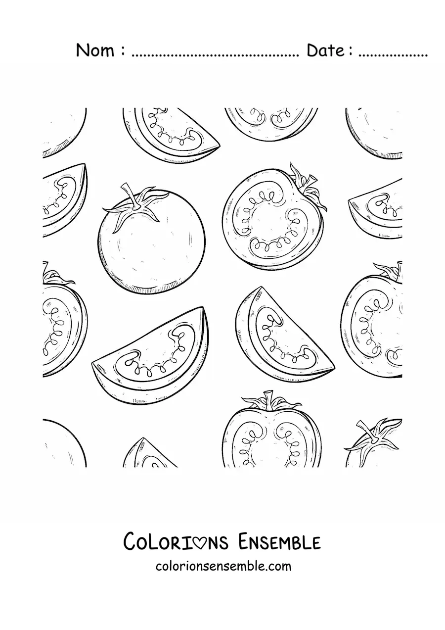 Image à colorier de plusieurs tomates et morceaux de tomate