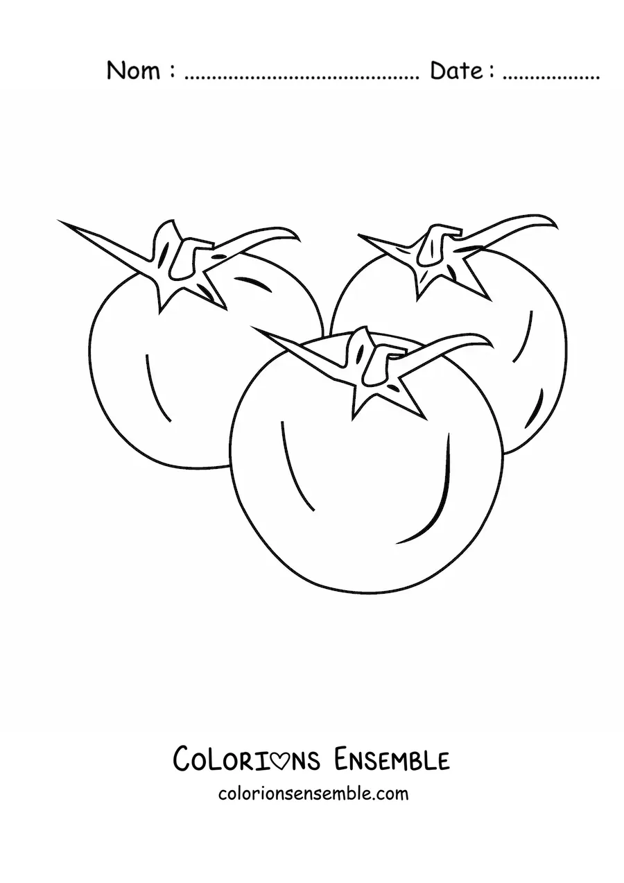 Image à colorier de trois petites tomates avec leurs feuilles