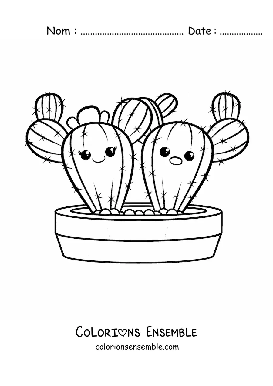 Image à colorier d’un couple de cactus kawaii