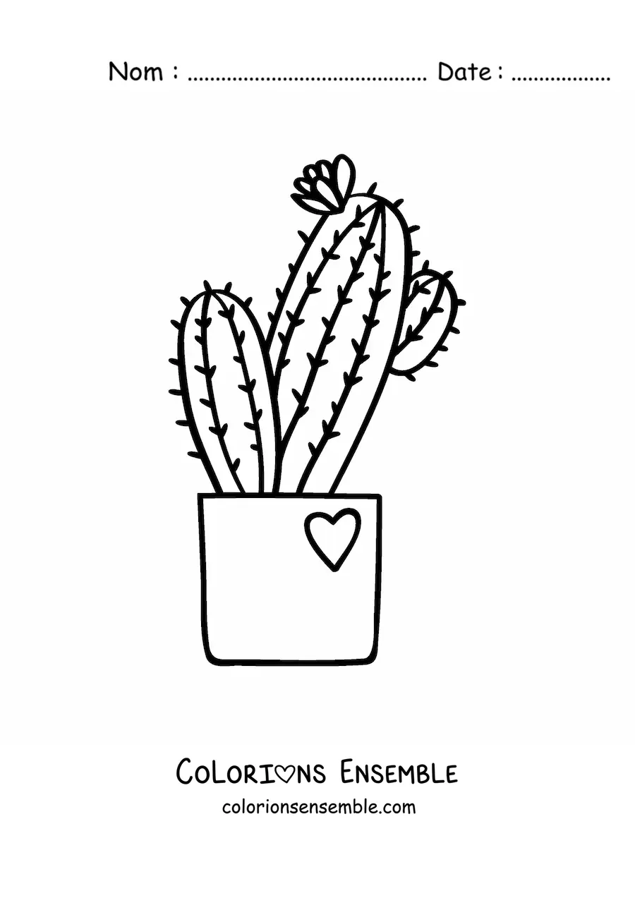Image à colorier d’un cactus avec une fleur dans un pot orné d’un cœur
