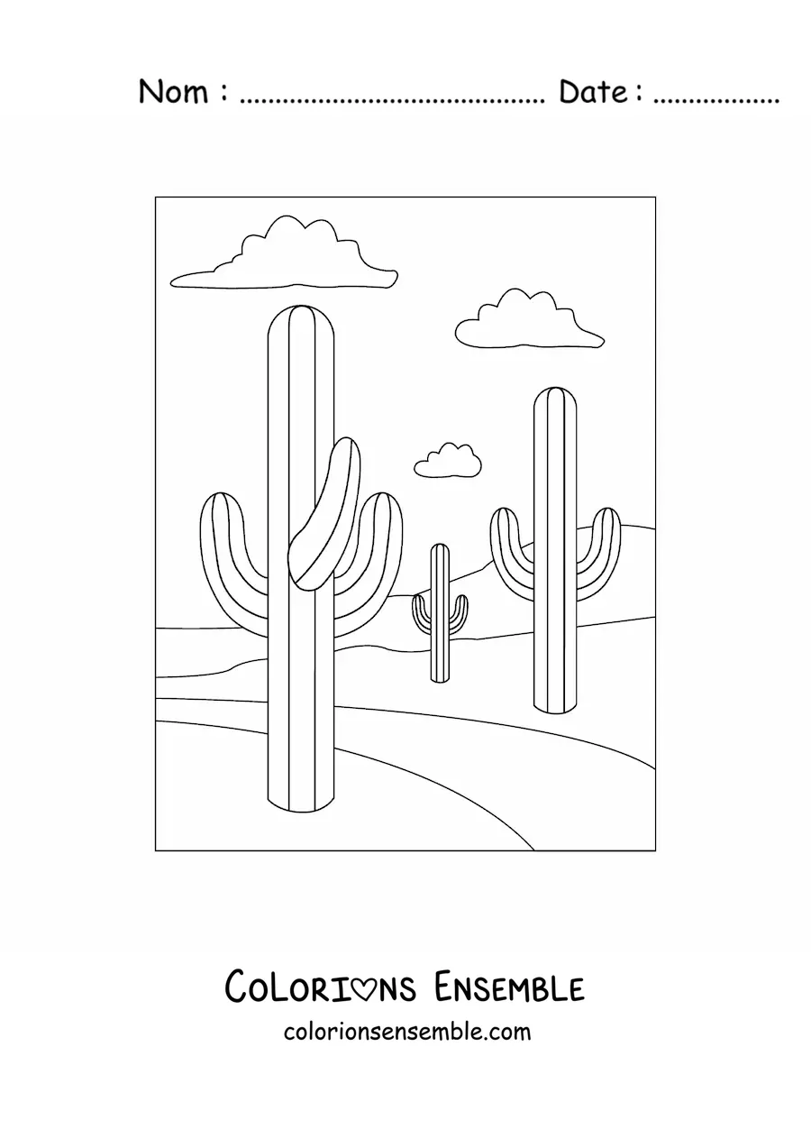 Image à colorier de trois cactus dans le désert