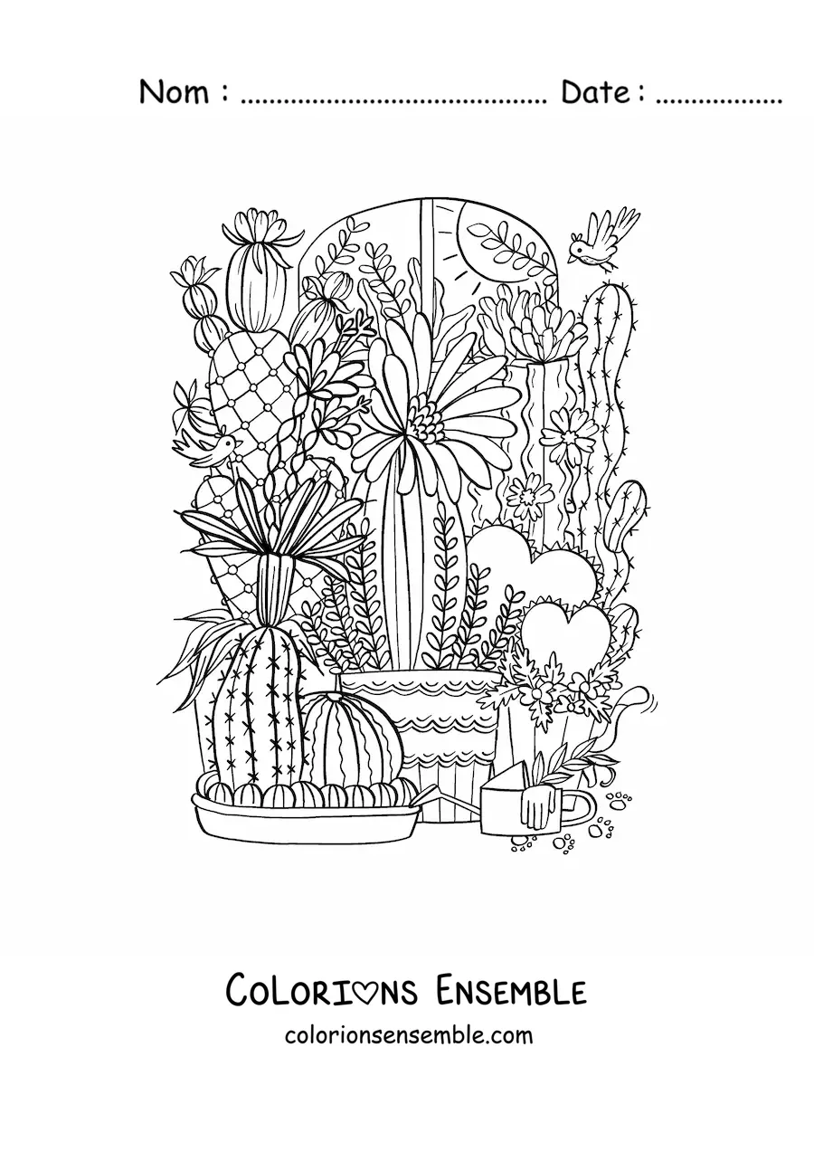 Image à colorier de plusieurs cactus dans des pots avec des fleurs et des cœurs