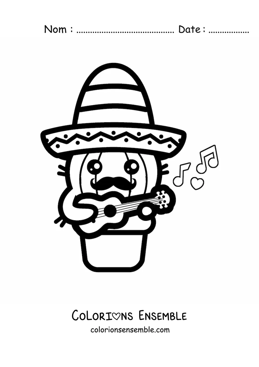 Image à colorier d’un cactus kawaii avec un sombrero mexicain