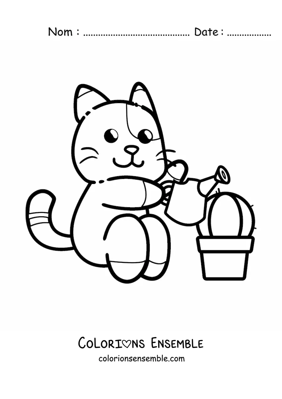 Image à colorier d’un chat animé en train d’arroser un cactus