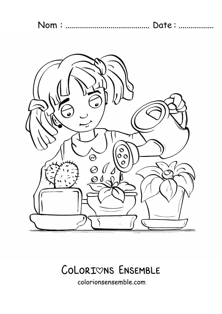 Image à colorier d’une fille en train d’arroser un cactus