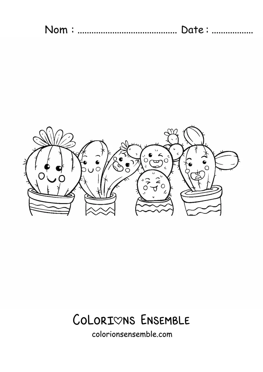 Image à colorier de quatre cactus kawaii animés