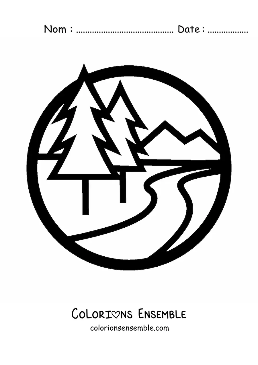 Image à colorier d’une montagne avec une rivière et des pins