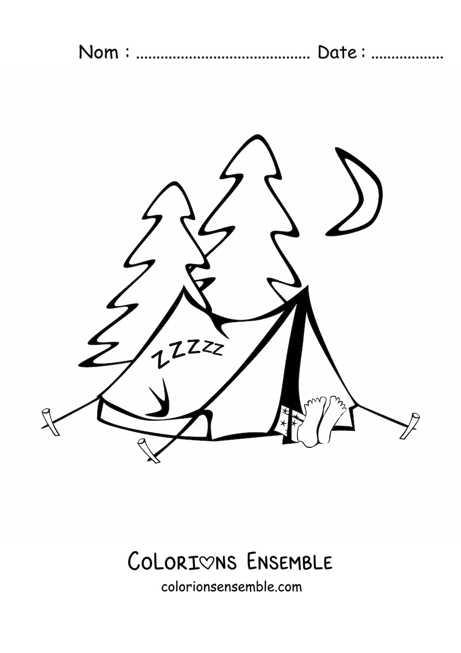 Image à colorier d’un campement dans une forêt de pins