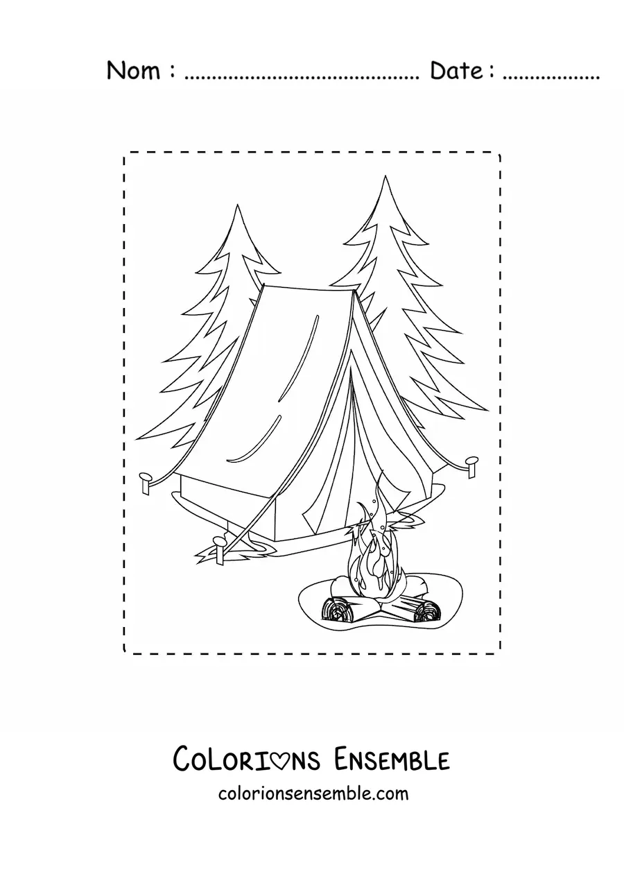 Image à colorier d’une tente et d’un feu de camp dans une forêt de pins