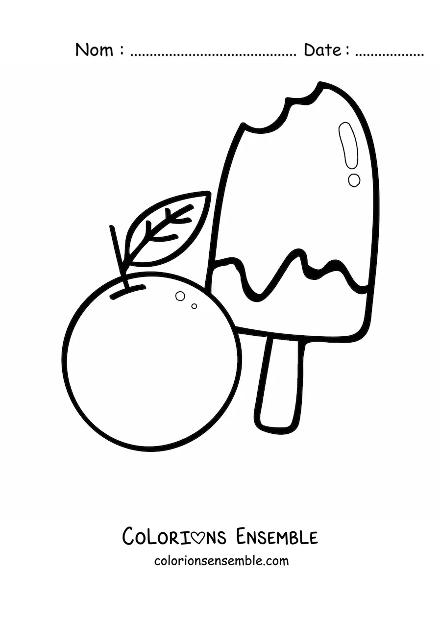 Image à colorier d'une sucette glacée à côté d'une orange