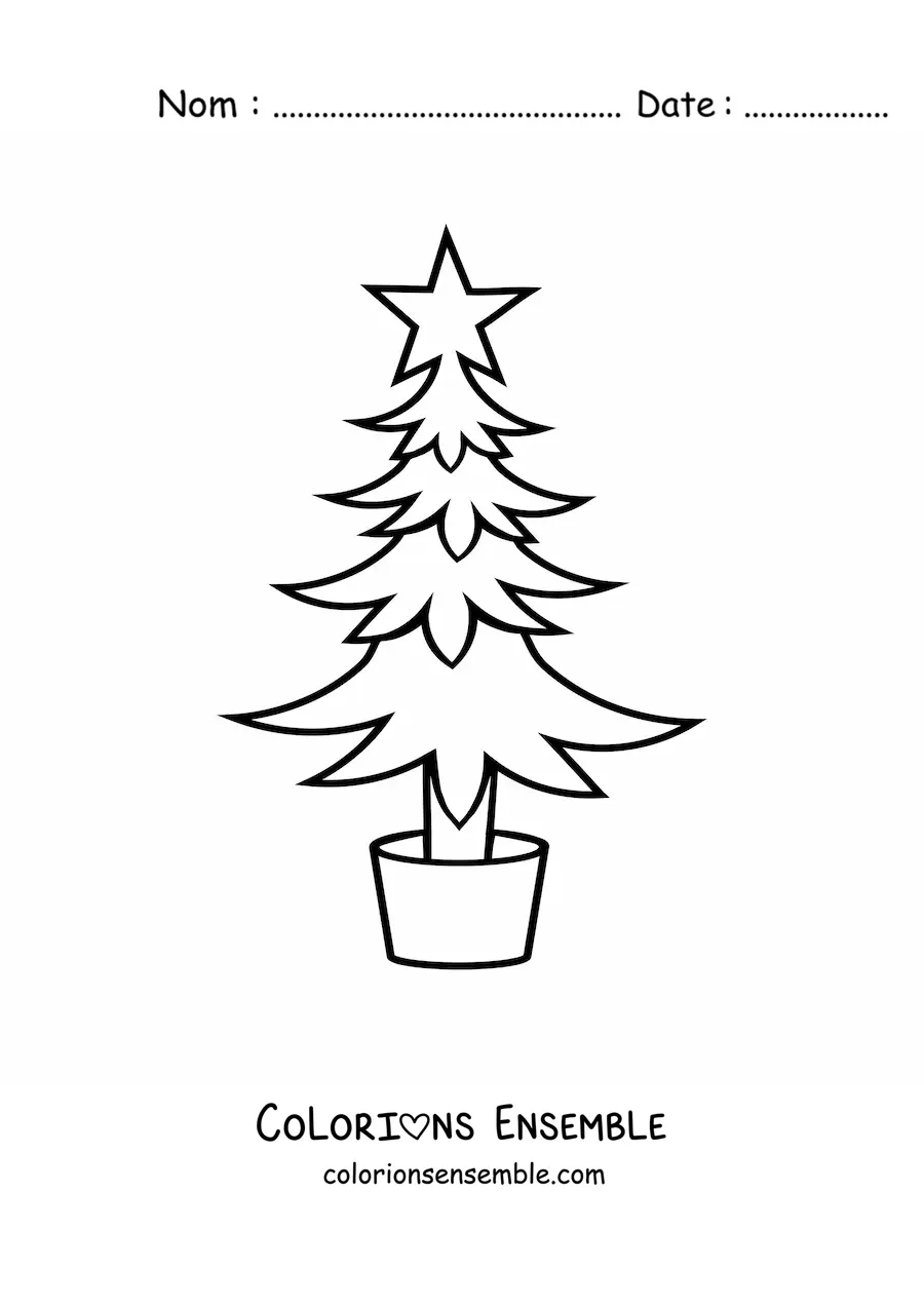 Image à colorier d’un pin décoré d’une étoile dans un pot