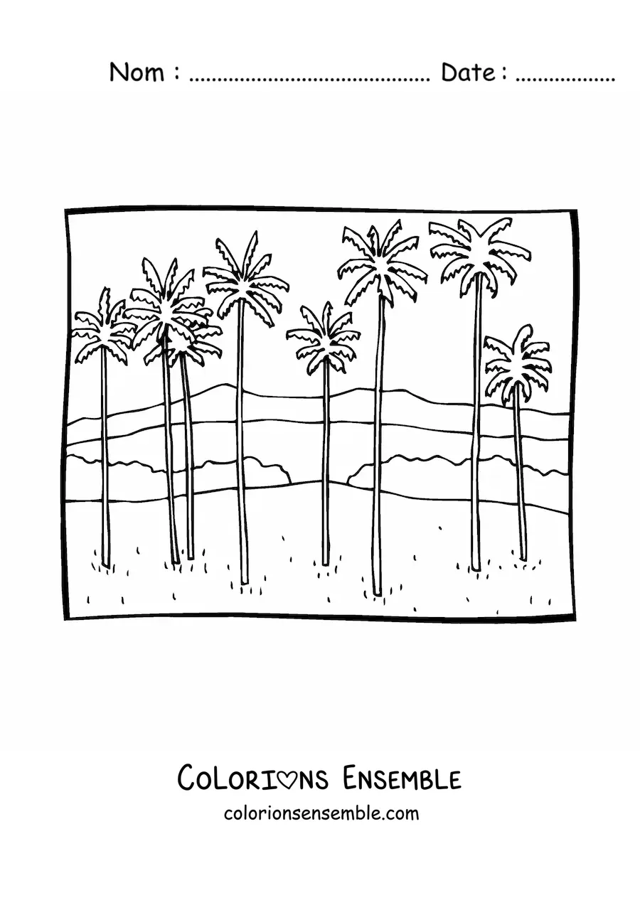 Image à colorier d’un paysage avec des montagnes et des palmiers
