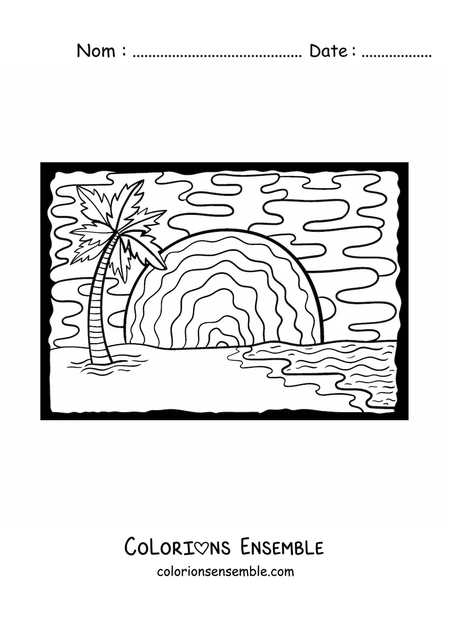 Image à colorier d’un coucher de soleil sur la plage avec un palmier