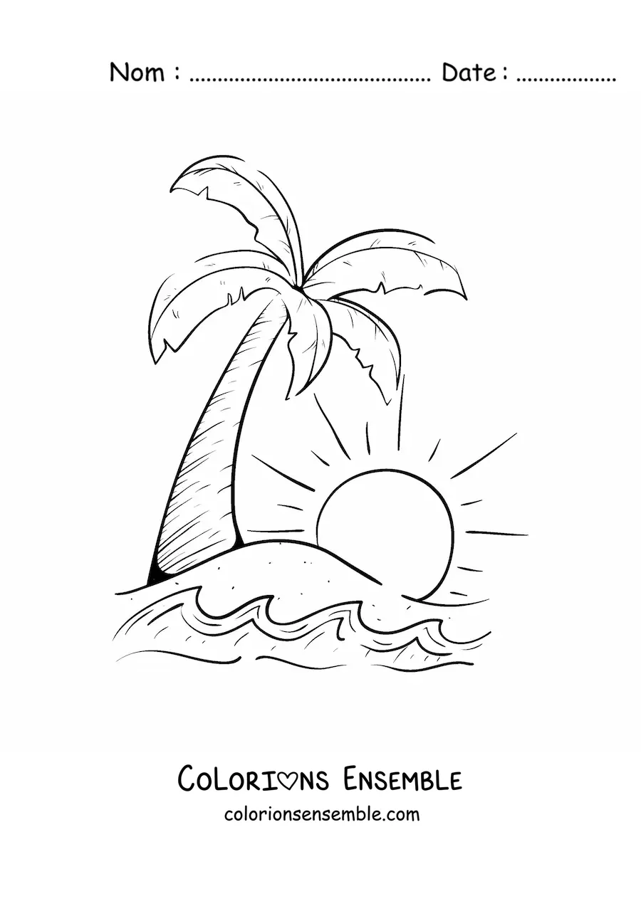 Image à colorier d’un palmier et du soleil sur la plage