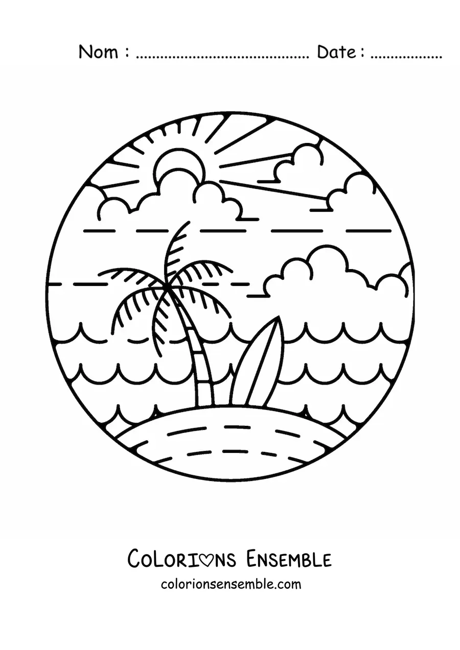 Image à colorier d’une île avec un palmier