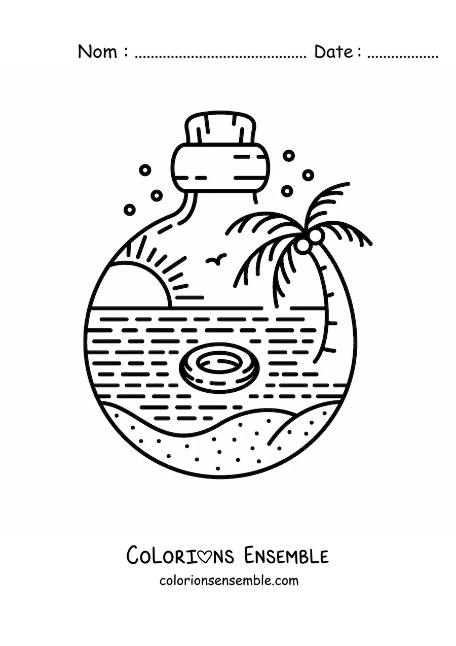 Image à colorier d’une bouteille contenant un paysage marin avec un palmier
