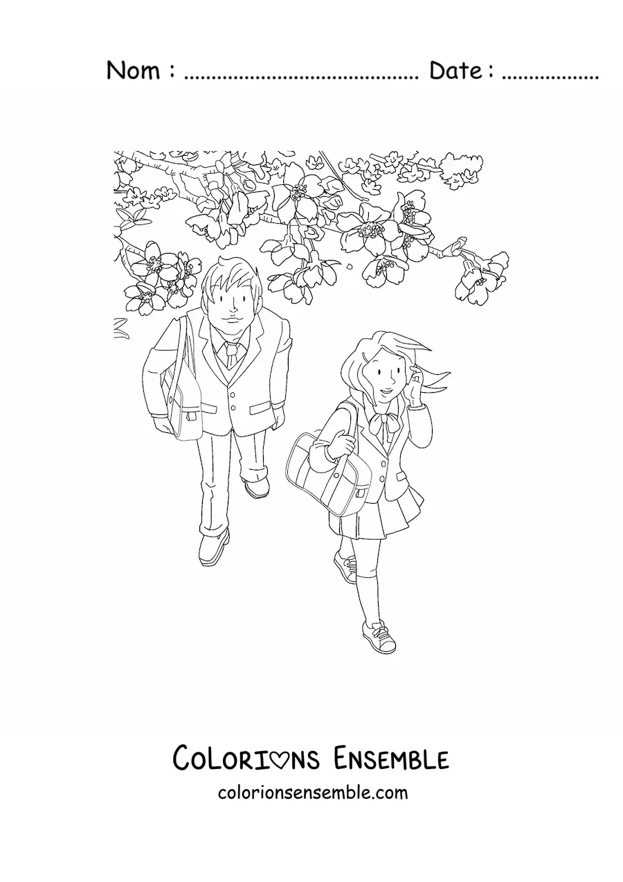 Image à colorier d’une fille et d’un garçon près d’un cerisier