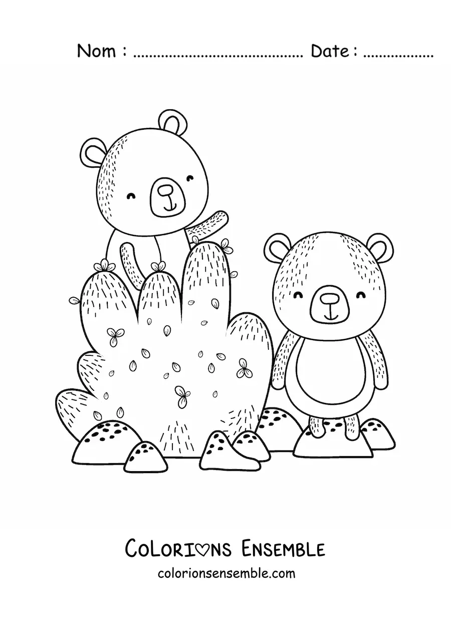 Image à colorier de deux ours animés près d’un buisson