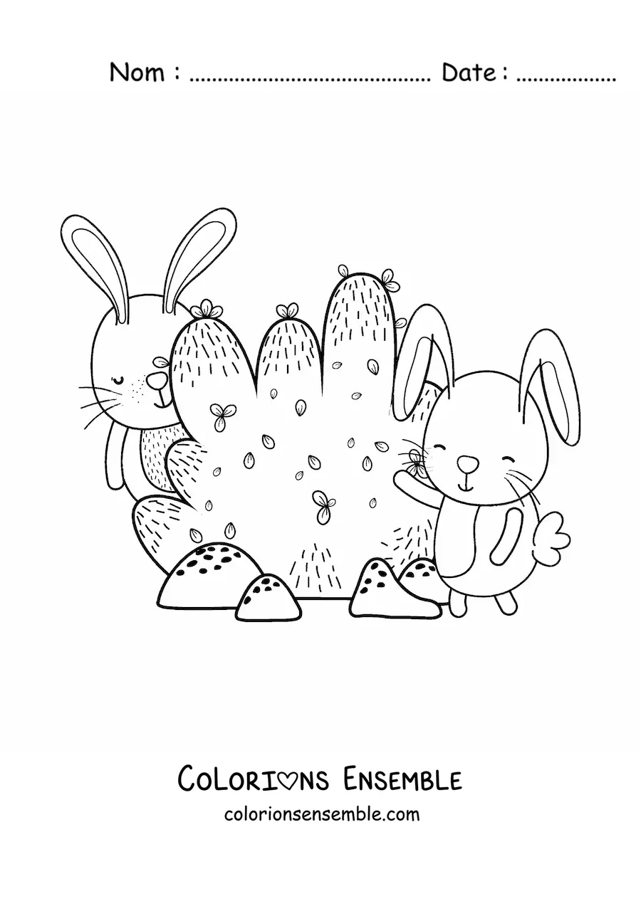 Image à colorier de deux lapins animés près d’un buisson