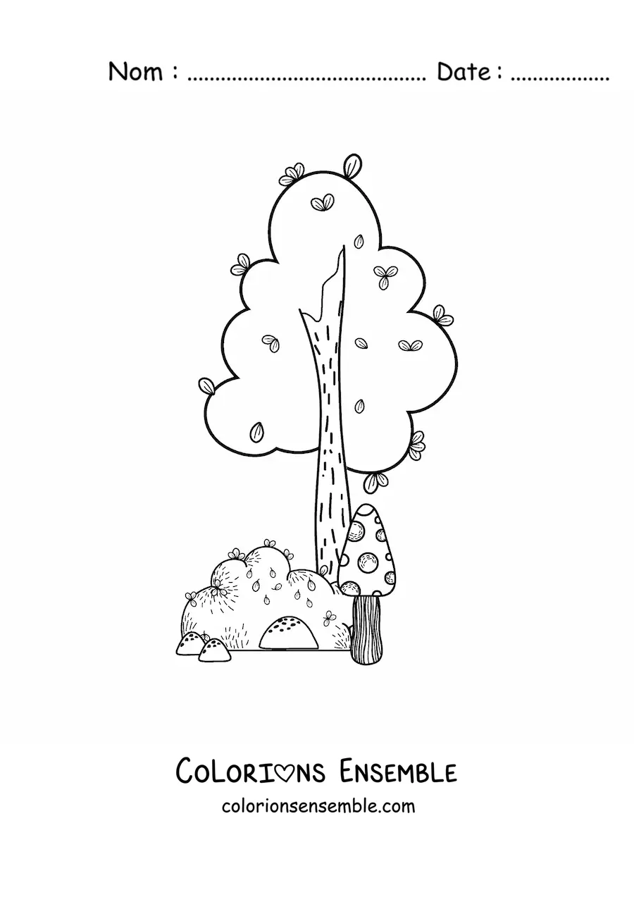 Image à colorier d’un arbre à côté d’un buisson