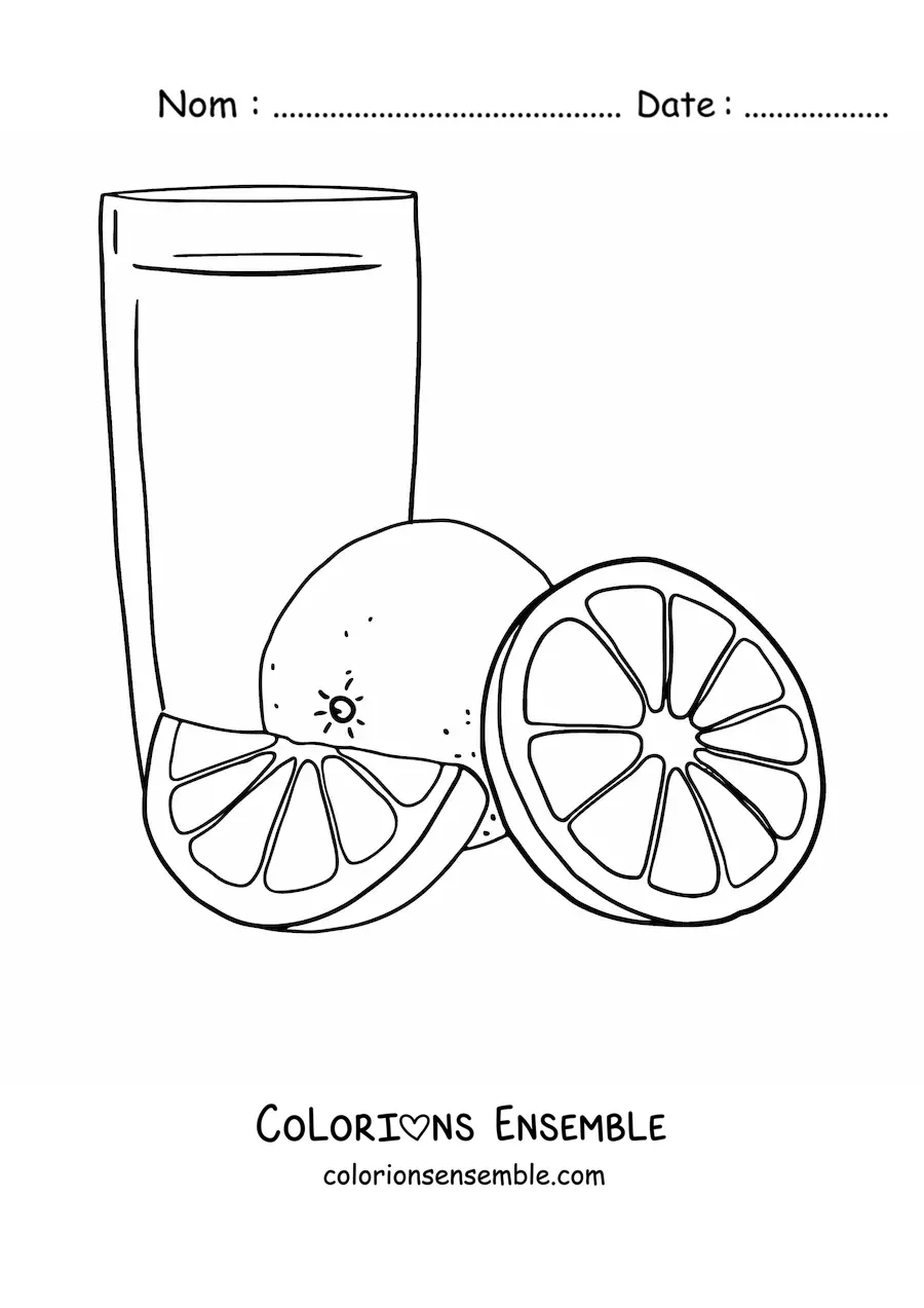 Image à colorier d'un verre de jus d'orange à côté de rondelles d'orange