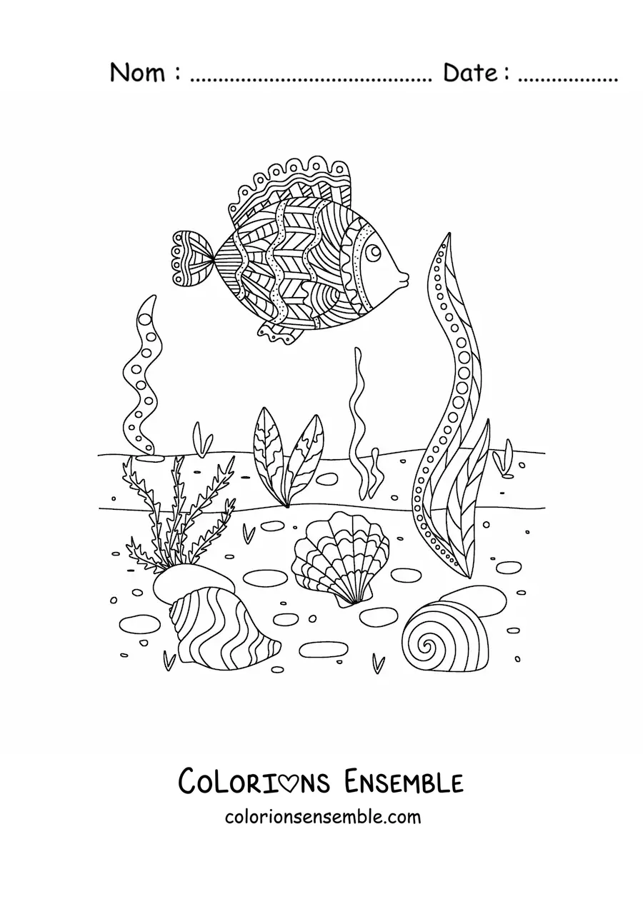 Image à colorier du fond marin avec des algues et un poisson