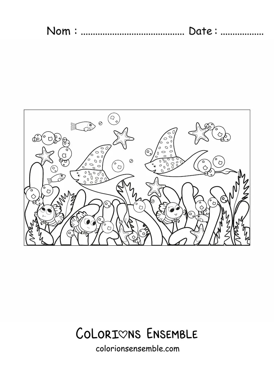 Image à colorier de plusieurs algues et poissons animés