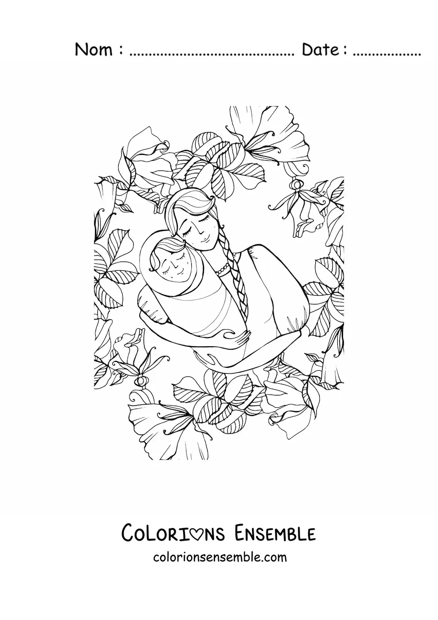 Image à colorier d’une maman avec son bébé entourée de fleurs