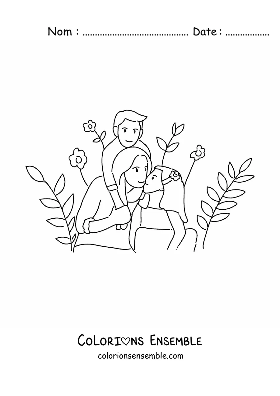 Image à colorier d’une maman et de ses deux enfants