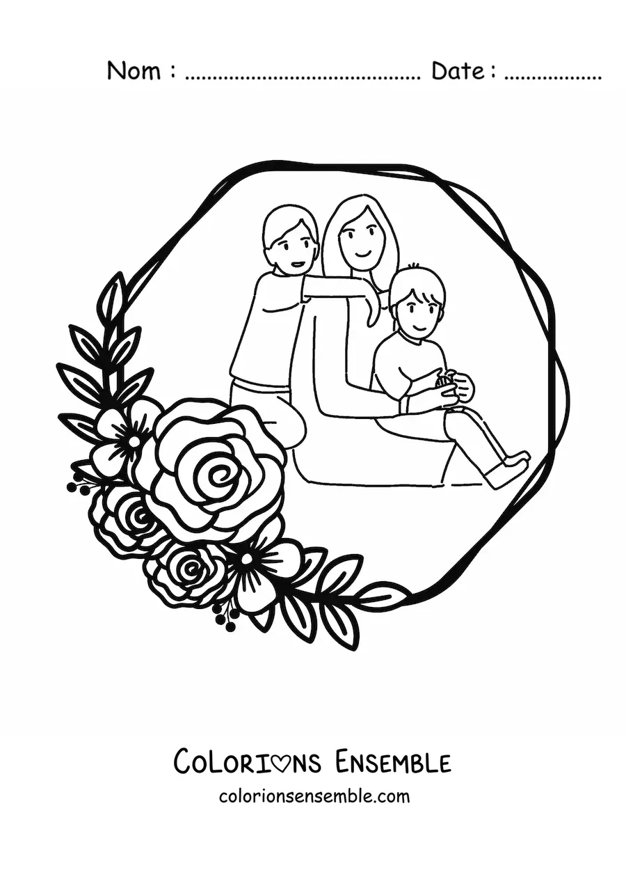 Image à colorier d’une maman avec ses deux enfants