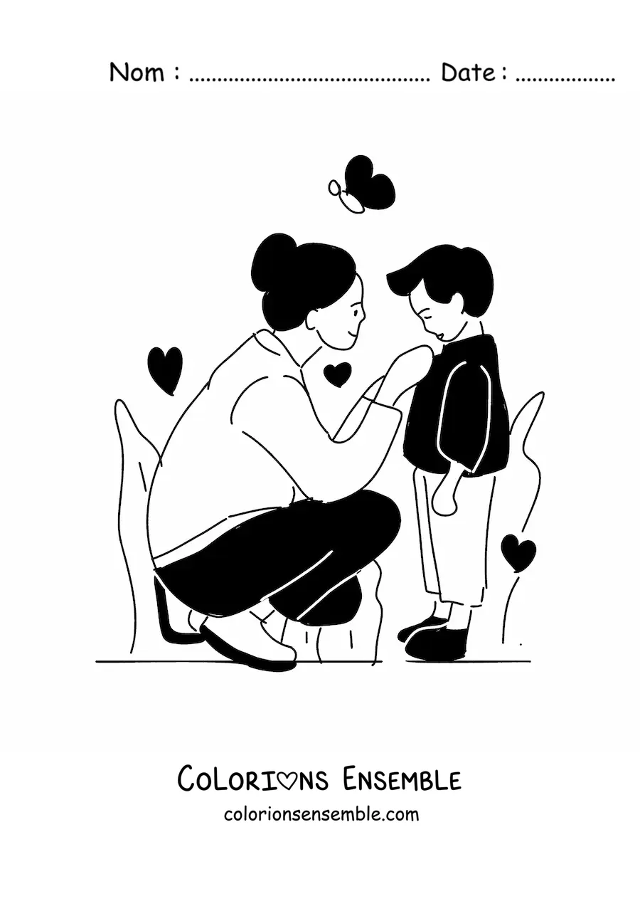 Image à colorier d’une maman habillant son enfant