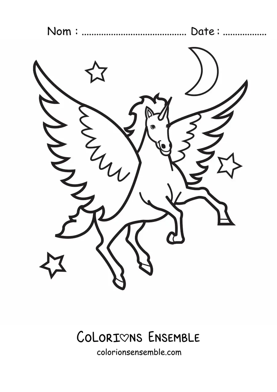 Image à colorier d’une licorne ailée en dessin animé volant la nuit avec des étoiles en arrière-plan