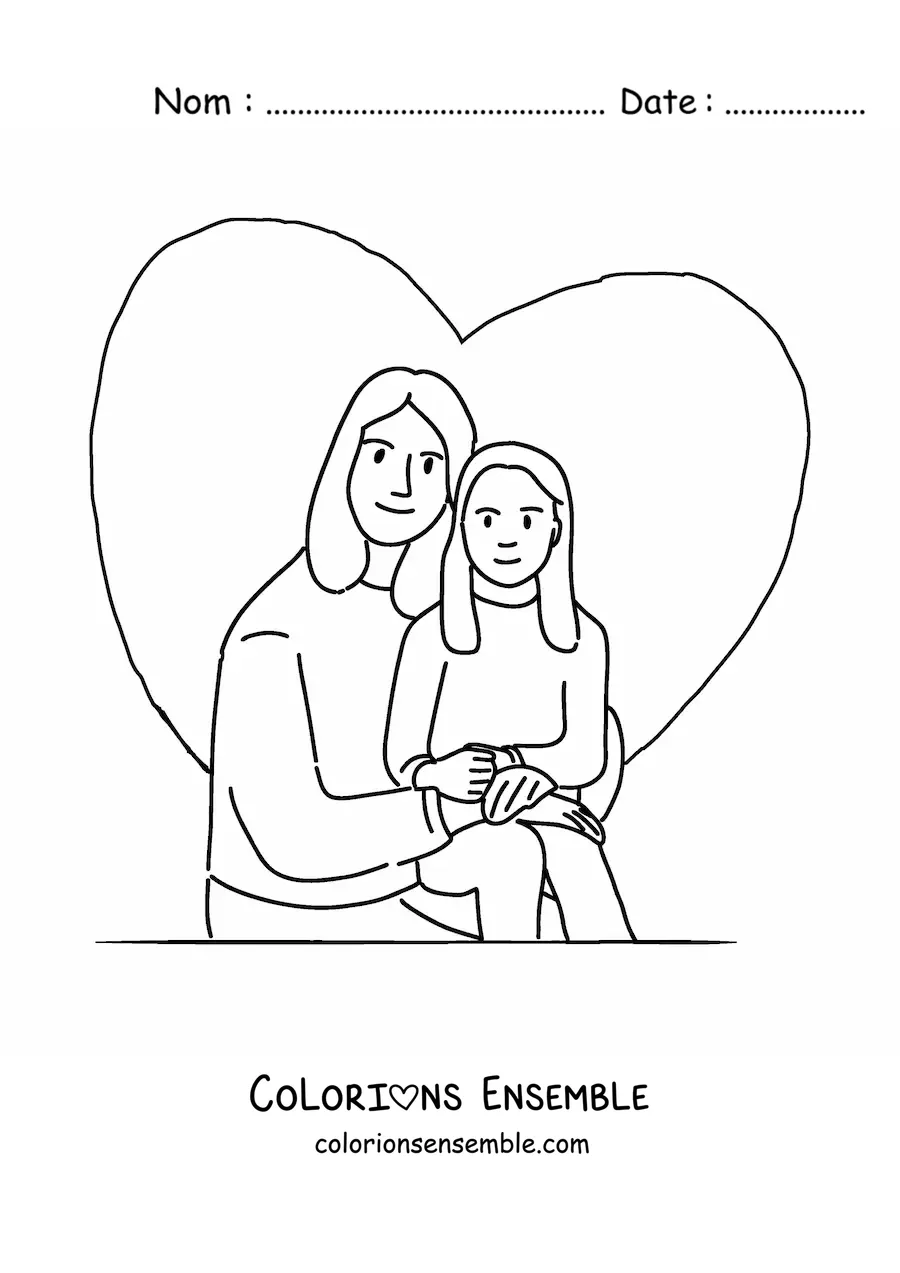 Image à colorier d’une maman et de sa fille avec un cœur en arrière-plan
