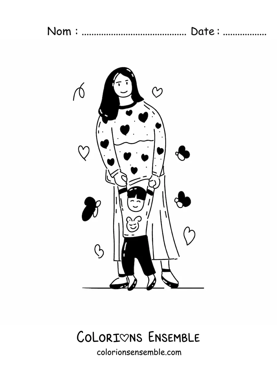 Image à colorier d’une maman apprenant à marcher à son enfant