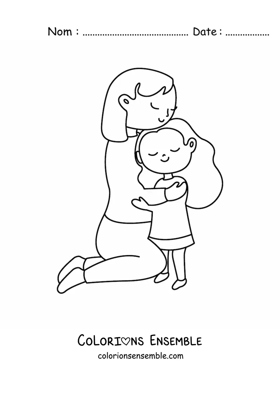 Image à colorier d’une maman et de sa fille enlacées