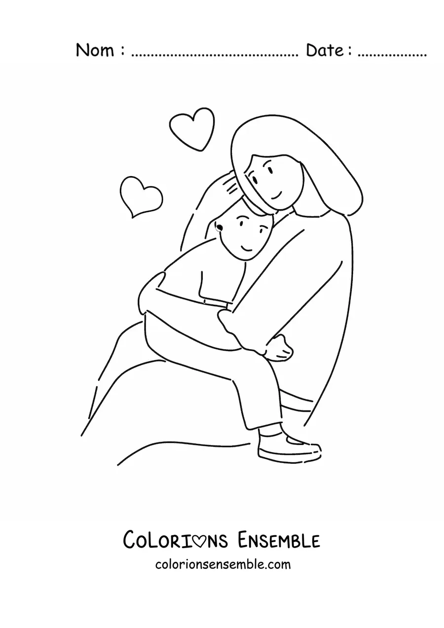 Image à colorier d’une maman câlinant son enfant