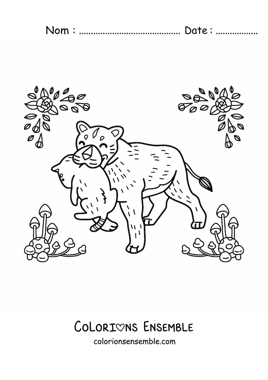 Image à colorier d’une maman lionne avec son petit