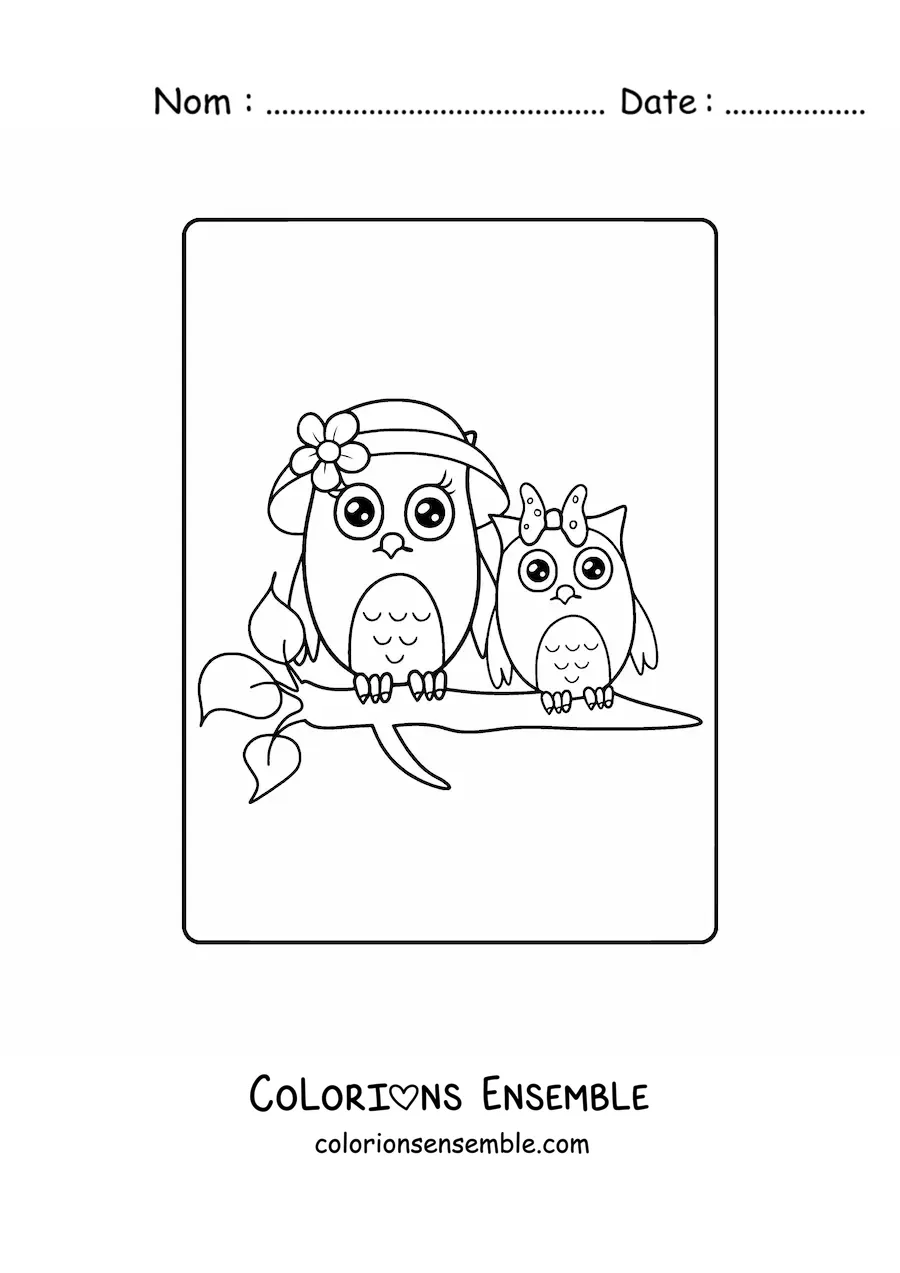 Image à colorier d’une maman hibou avec son petit