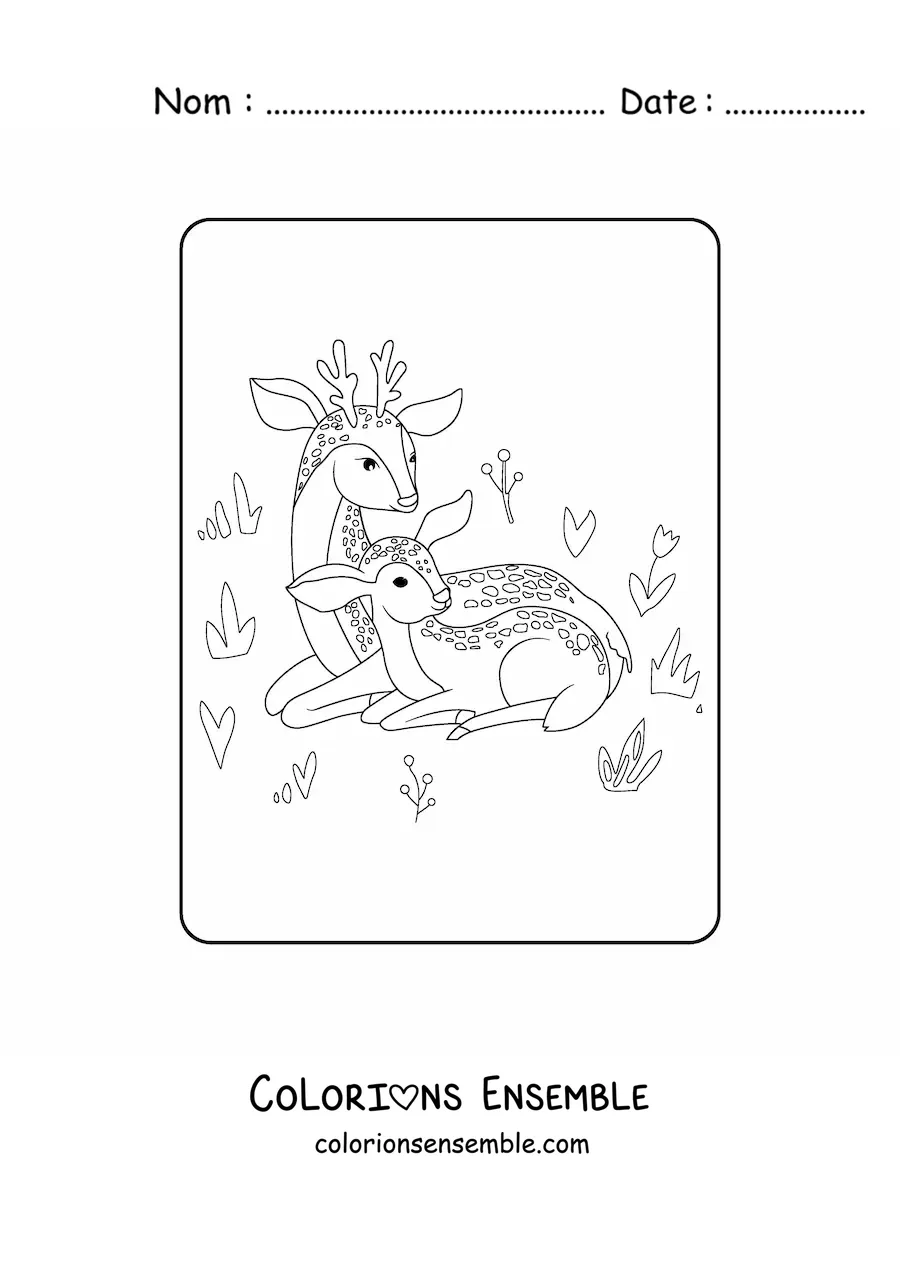 Image à colorier d’une maman cerf avec son faon