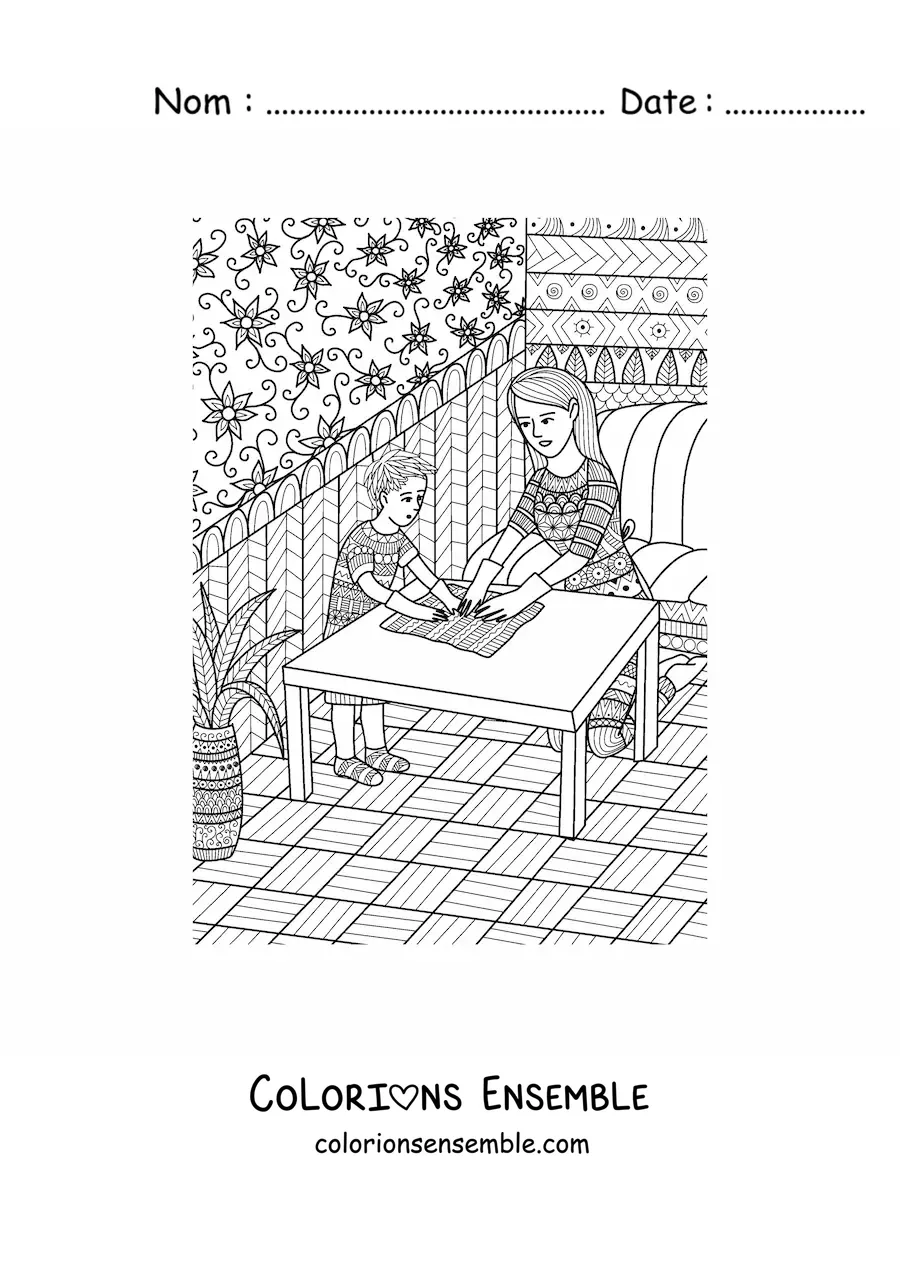Image à colorier d’une maman faisant le ménage avec son enfant