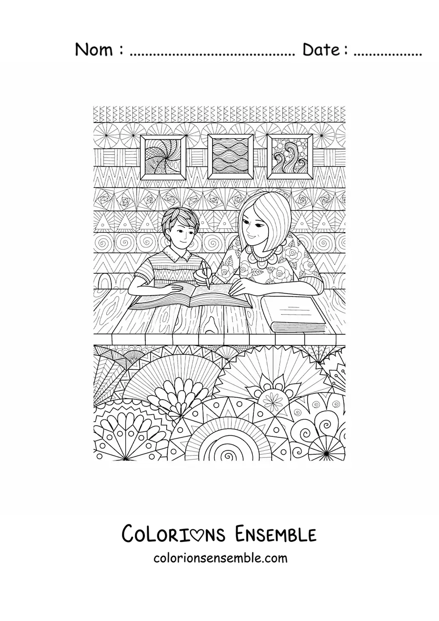 Image à colorier d’une maman faisant les devoirs avec son enfant