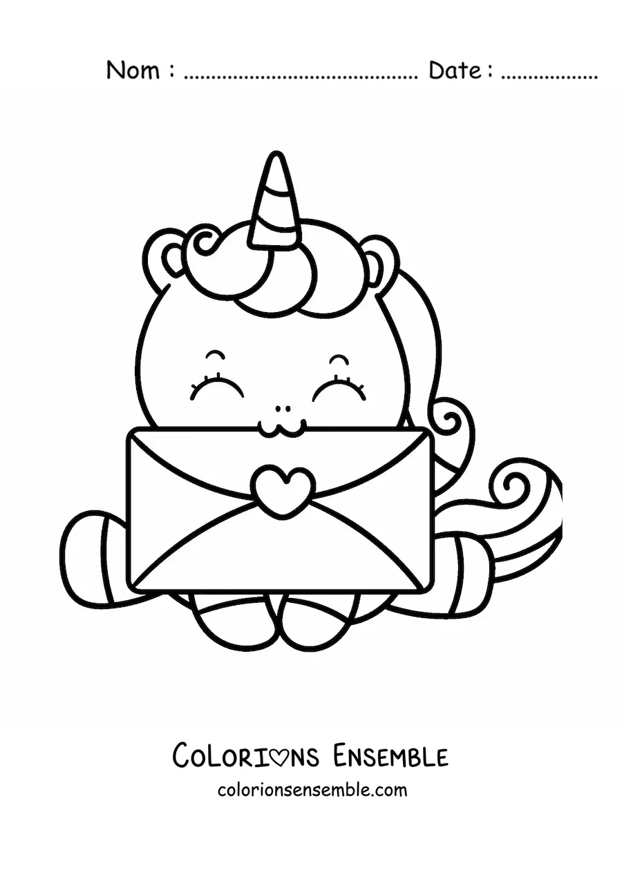 Image à colorier d’une licorne kawaii tenant une carte de la Saint-Valentin dans la bouche