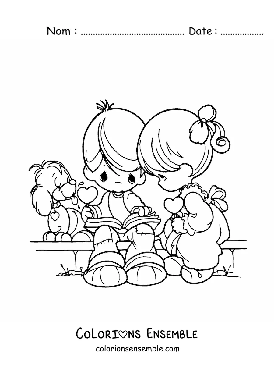 Image à colorier d’un couple d’enfants à la Saint-Valentin