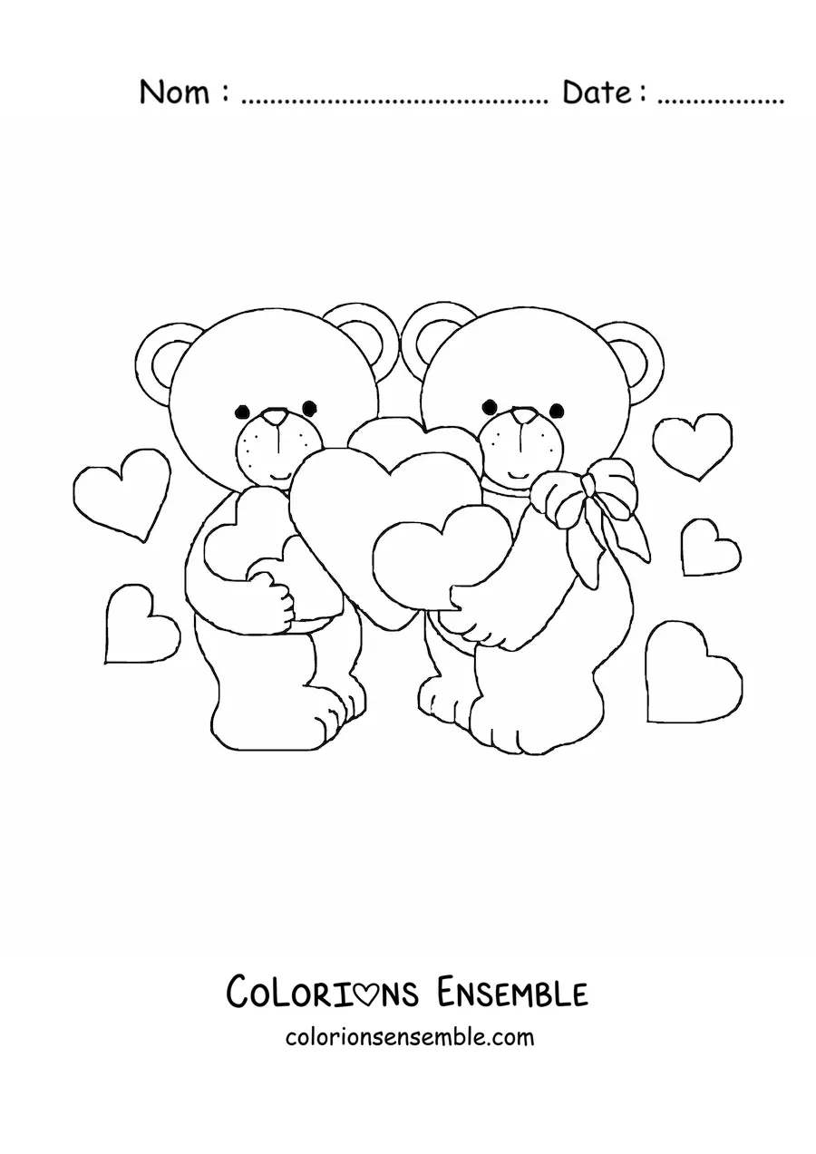 Image à colorier d’un couple d’ours amoureux à la Saint-Valentin