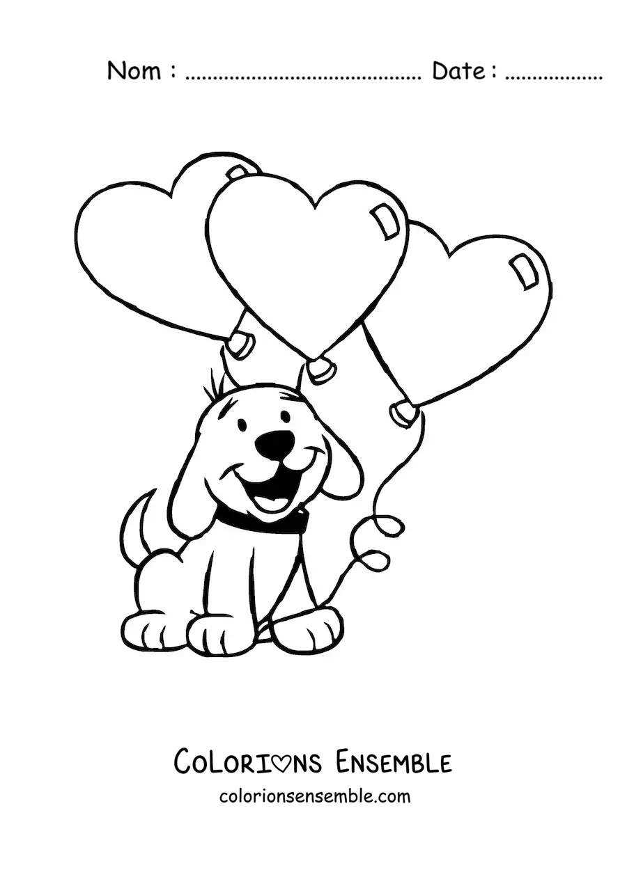 Image à colorier d'un chien animé avec trois ballons en forme de cœur