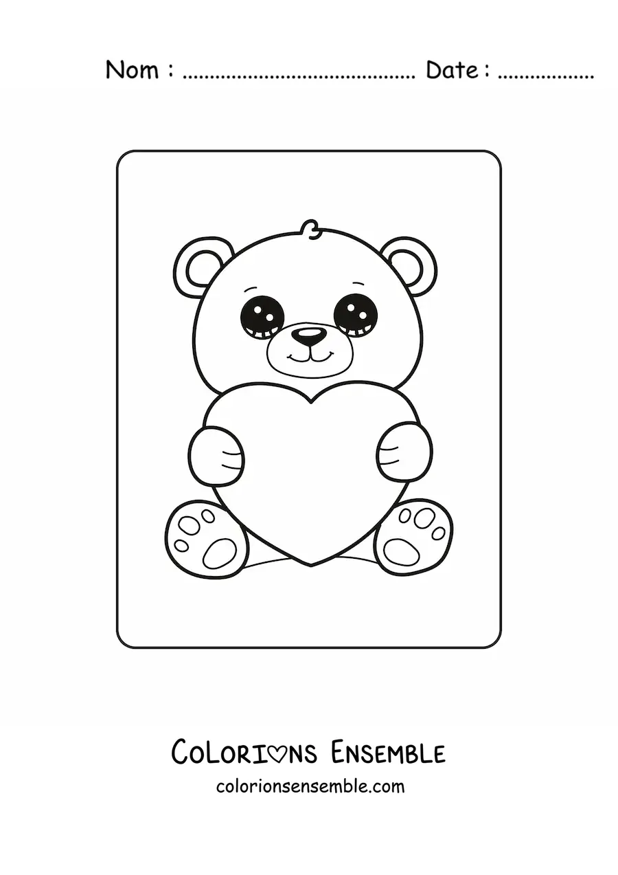 Image à colorier d'un ours kawaii tenant un cœur de la Saint-Valentin