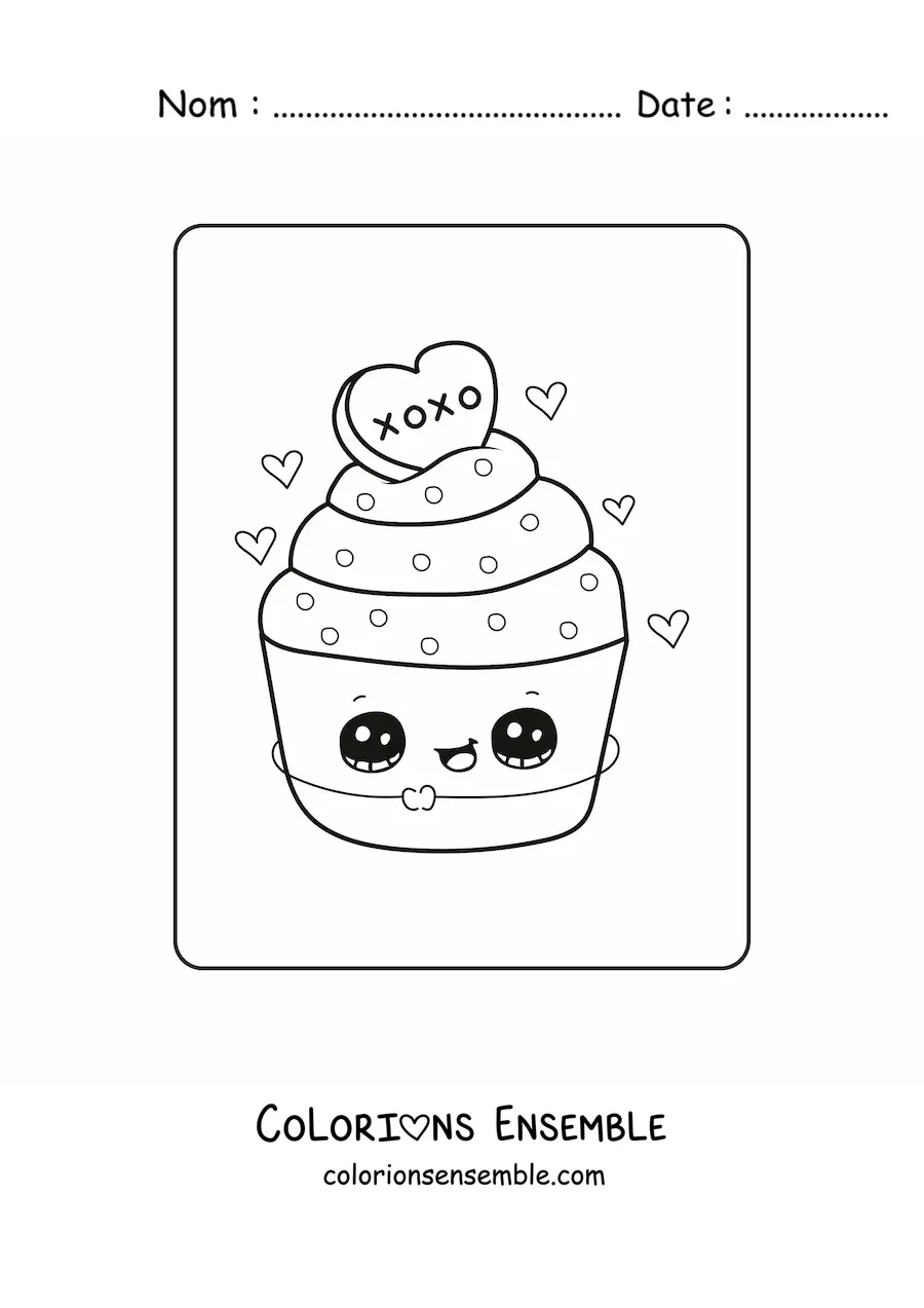Image à colorier d'un cupcake kawaii de la Saint-Valentin