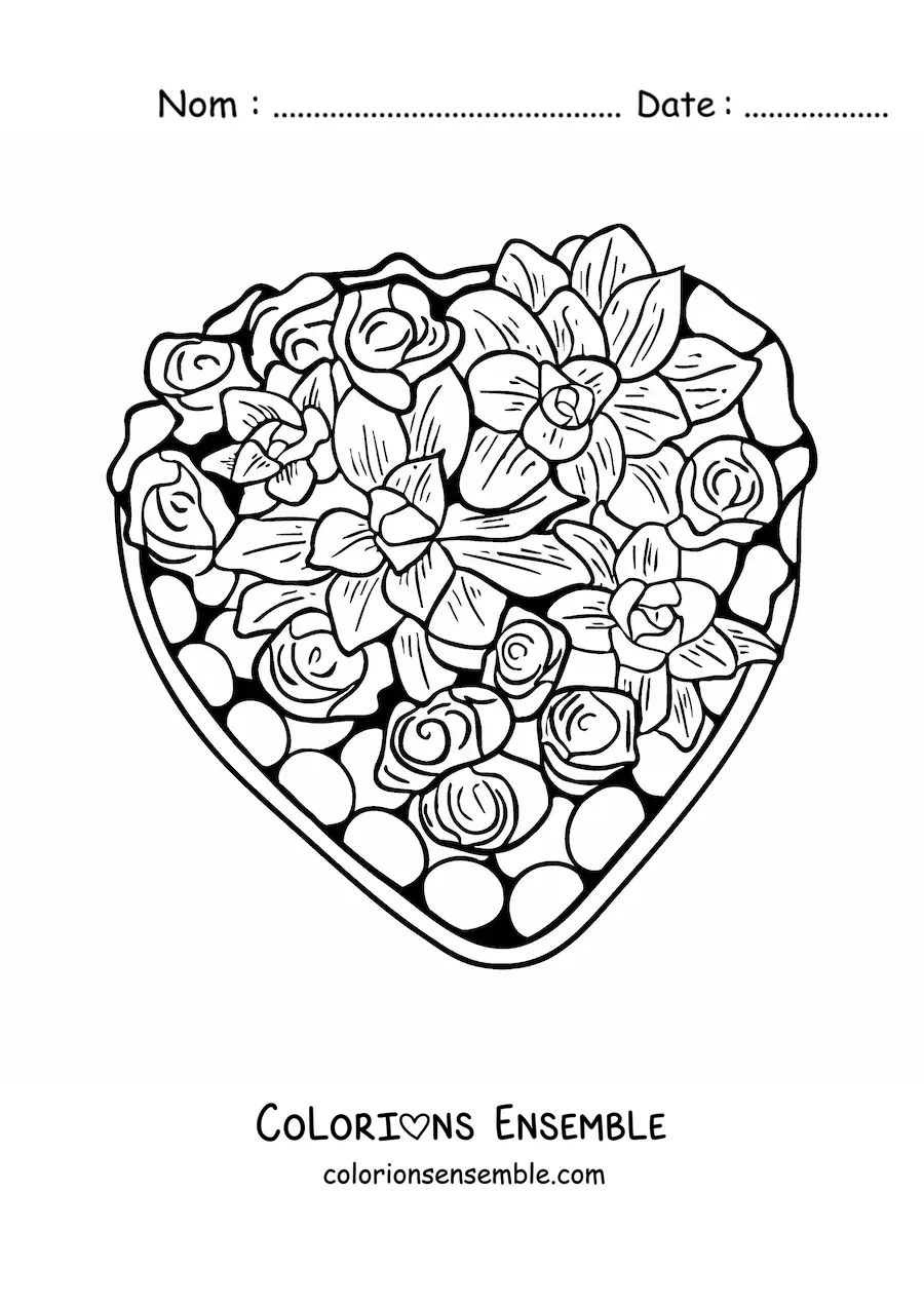 Image à colorier d'une boîte de chocolats avec des fleurs de la Saint-Valentin